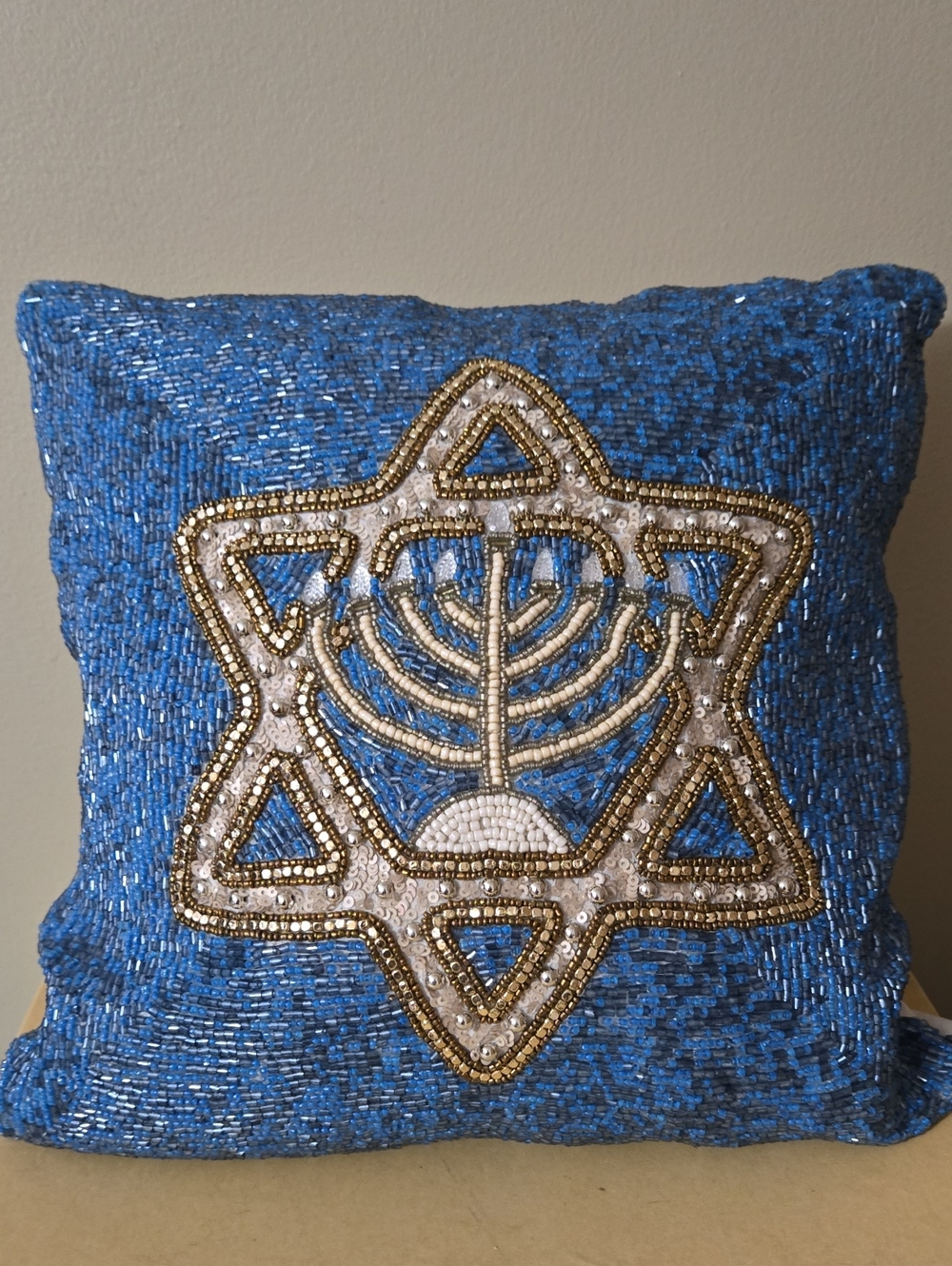 Beaded Blue Menorah & Star Holiday Throw Pillow By Tahari 12.5 x 12.5 Inches